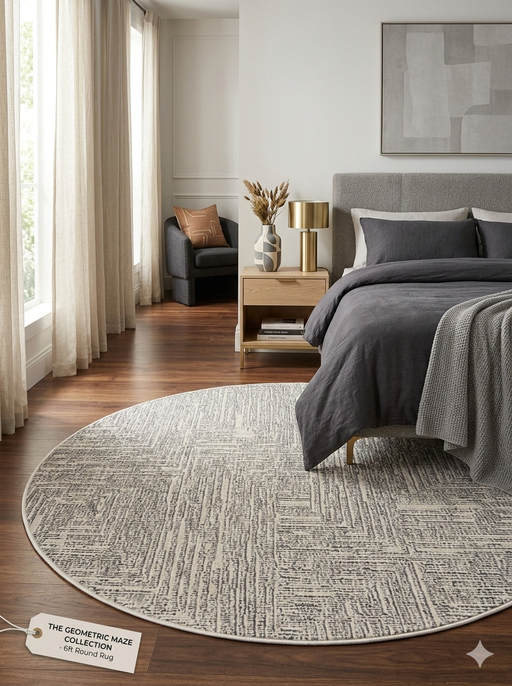 6' Round Ivory & Gray Geometric Textured Washable Area Rug styled in a modern bedroom interior with upholstered bed and wooden nightstand.