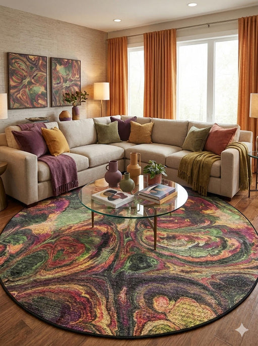 6' Round Multi Color Green, Burgundy & Gold Abstract Swirl Contemporary Area Rug styled in a modern living room with sectional sofa and glass coffee table.