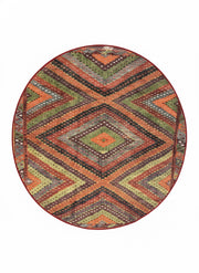 6' Round Multi Color & Rust Geometric Distressed Bohemian Area Rug placed on white background product display.