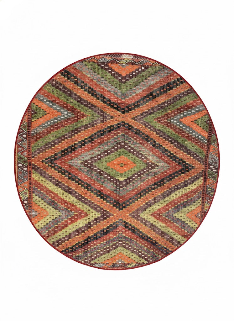 6' Round Multi Color & Rust Geometric Distressed Bohemian Area Rug placed on white background product display.