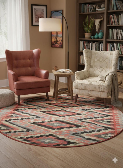 6' Round Rust & Cream Southwestern Geometric Area Rug styled in a cozy reading nook with accent chairs, wood flooring, and warm neutral décor.
