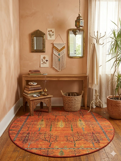 6 ft Round Orange & Green Tree Motif Traditional Vintage Washable Area Rug styled in a warm bohemian living space.