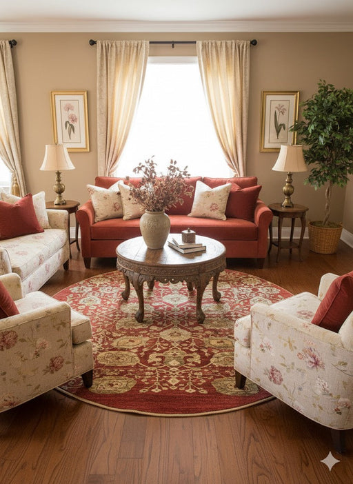 6 ft round red, beige, and cream floral medallion traditional area rug styled beneath a round coffee table in a classic living room with warm-toned seating and elegant decor.