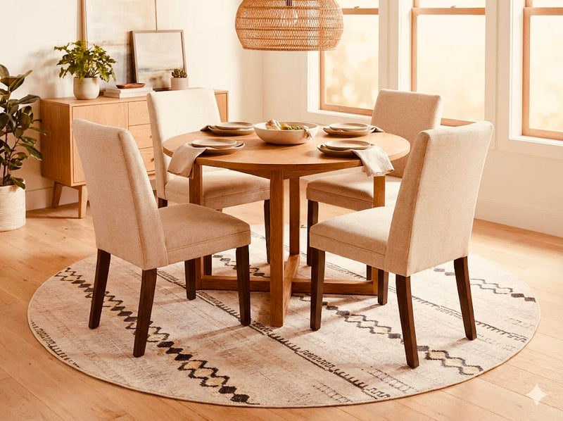 6' round beige and cream geometric washable area rug placed under a round dining table with upholstered chairs in a warm modern dining space.