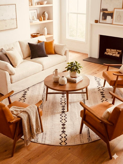 6' round beige and cream geometric washable area rug styled in a cozy living room with a neutral sofa, leather accent chairs, and a round wood coffee table.