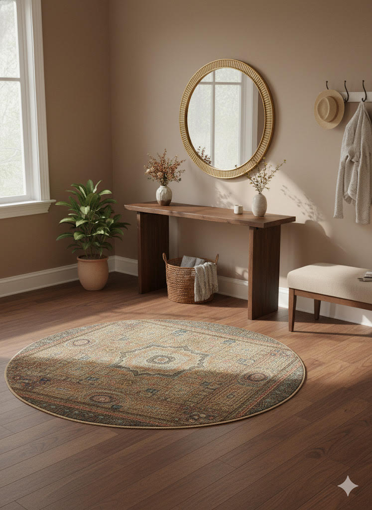 6' round beige teal & rust vintage medallion traditional area rug placed / styled in a modern entryway with a wooden bench, round wall mirror, and potted plant.