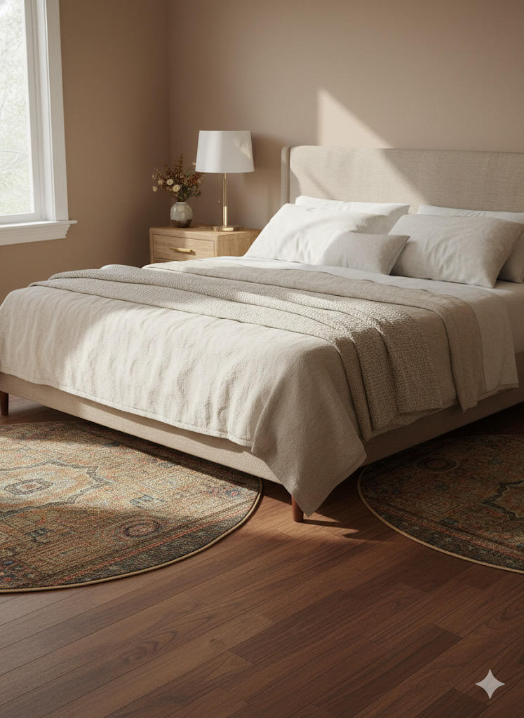 6' round beige teal & rust vintage medallion traditional area rug styled in an elegant bedroom with wood nightstands.