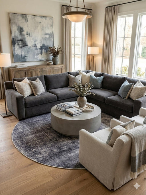 6' round charcoal ivory light beige distressed modern area rug styled beneath a round coffee table in a contemporary living room with sectional sofa.
