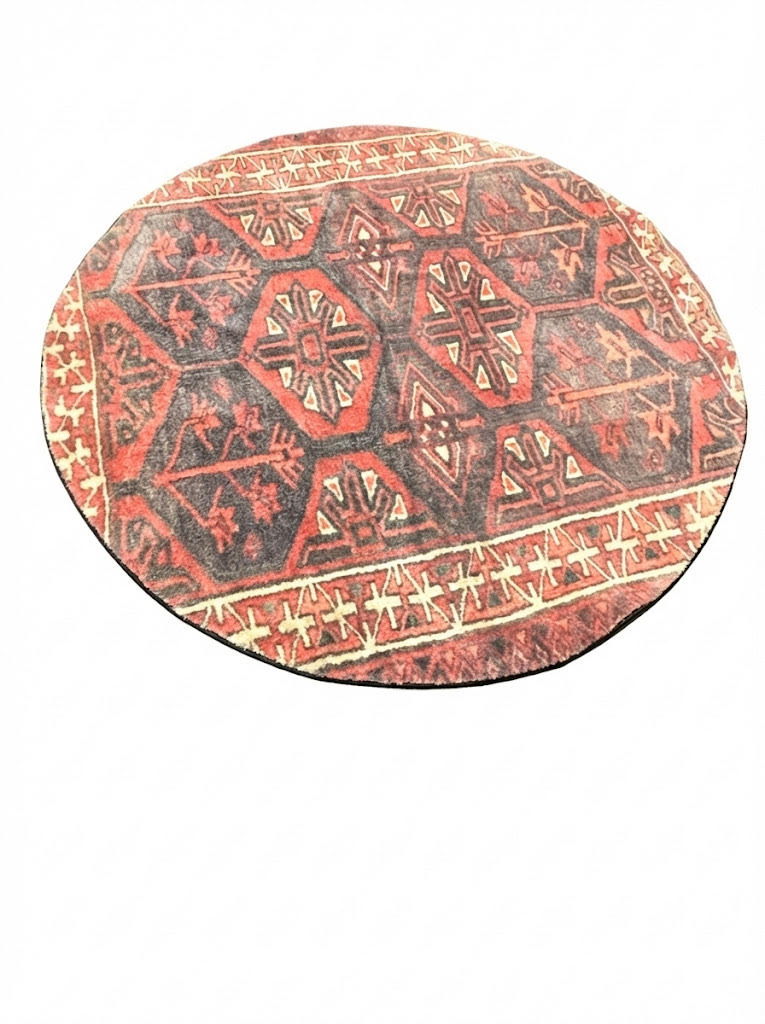 6' round deep rust red and charcoal black southwestern geometric area rug featuring bold tribal-inspired diamond and border patterns.