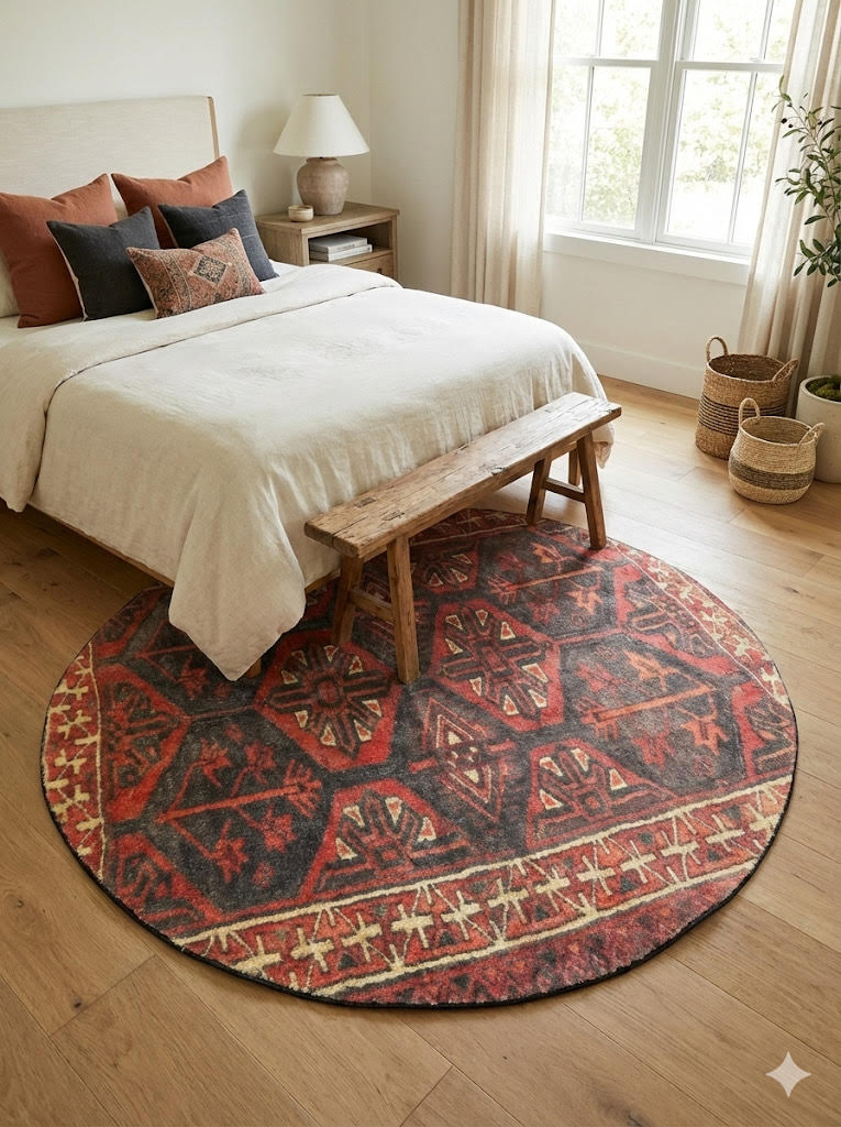 6' round deep rust red and charcoal black southwestern geometric area rug styled at the foot of a bed in a warm, neutral bedroom.