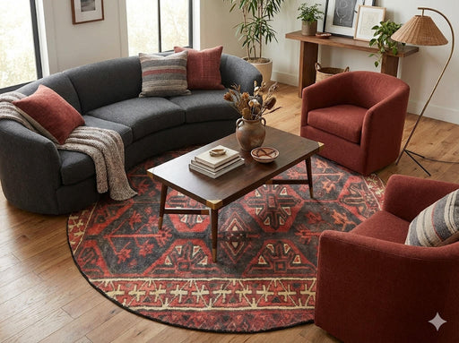 6' round deep rust red and charcoal black southwestern geometric area rug styled beneath a coffee table in a cozy living room with curved sofa and accent chairs.