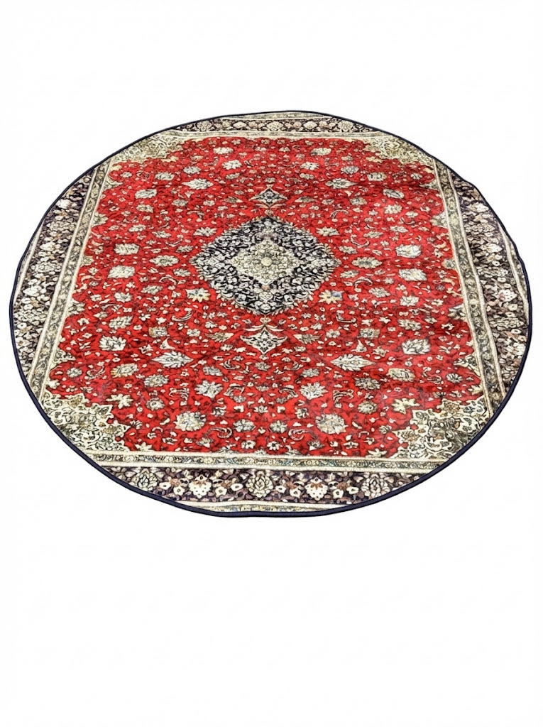 6' round red blue cream traditional area rug featuring an ornate floral medallion center with detailed cream and navy border.