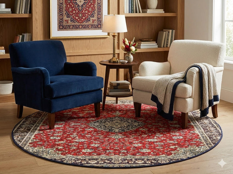 6' round red blue cream traditional floral medallion area rug placed under two accent chairs in a cozy sitting area with built-in shelving.