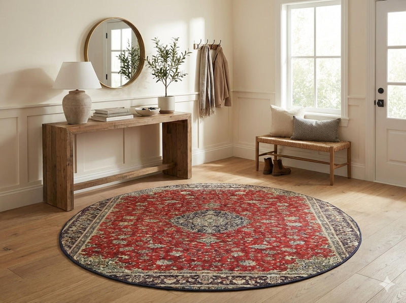 6' round red blue cream traditional floral medallion area rug styled in a light entryway with wood console table and round mirror.