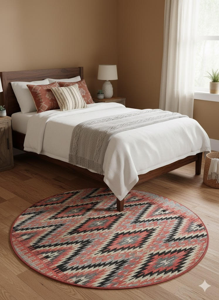 6' round rust & cream southwestern geometric area rug styled in an elegant bedroom with wood nightstands.