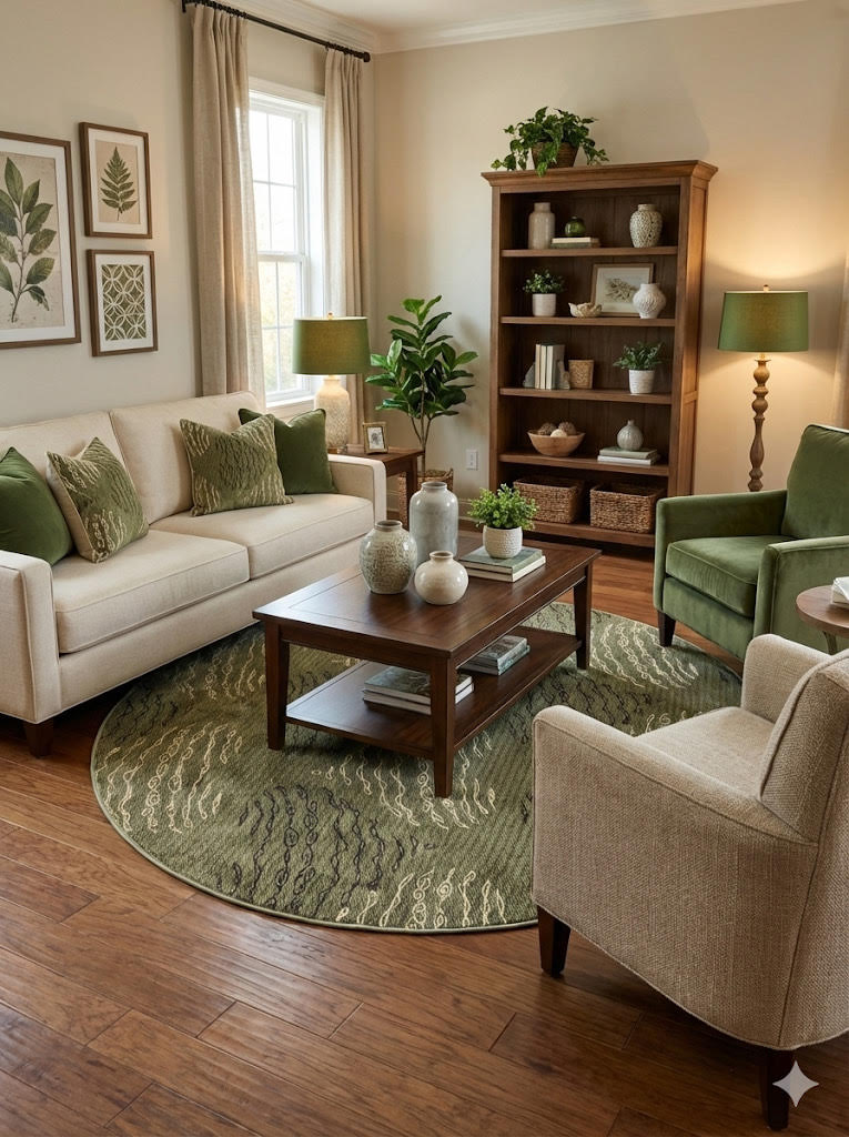 6' round soft olive green and cream textured abstract area rug placed beneath a coffee table in a cozy living room with green accents.