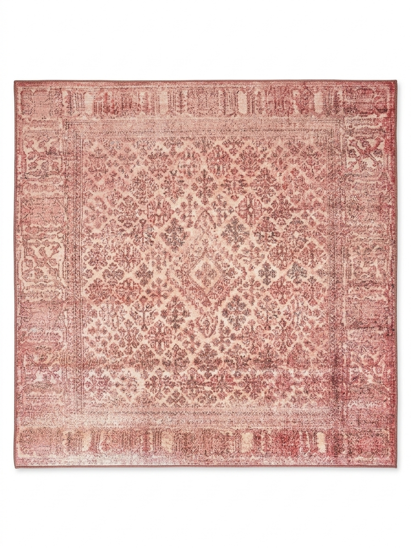 6' x 9' Rectangular Red & Pink Distressed Abstract Modern Area Rug styled in a dining room with a wooden table and upholstered chairs.