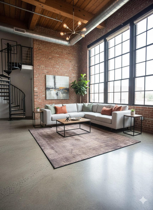 6' x 6' Square Brown Beige Distressed Solid Modern Area Rug styled in a contemporary loft living room featuring a subtle distressed texture and warm brown and beige tones.