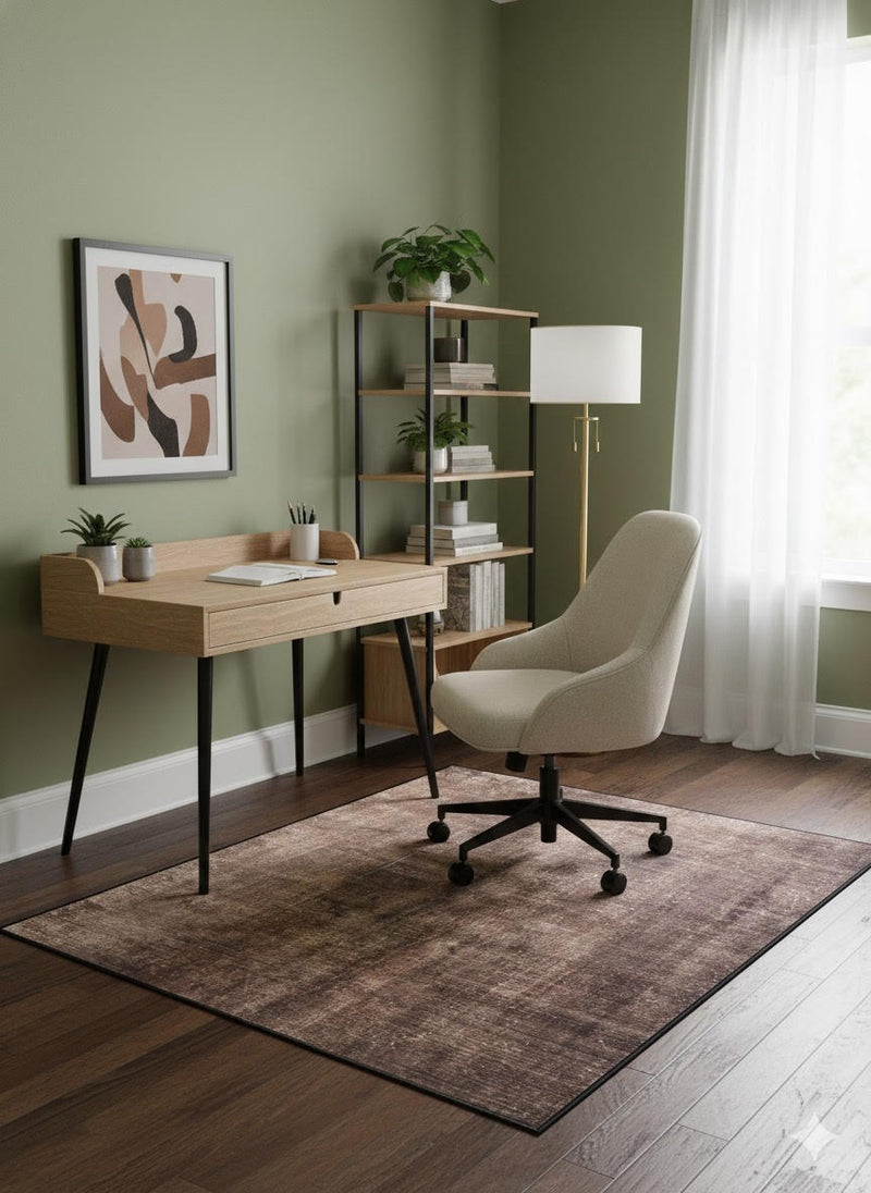 6' x 6' Square Brown Beige Distressed Solid Modern Area Rug styled in a home office setting adding warmth and texture with its distressed solid pattern.