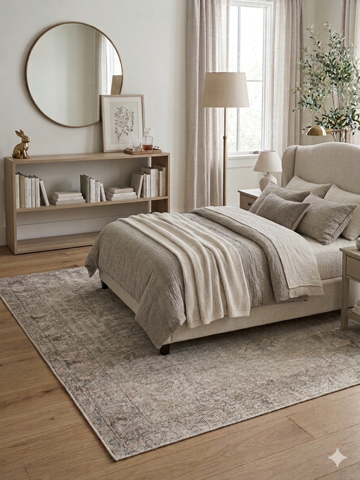 6' x 6' Square Light Gray & Ivory Distressed Medallion Traditional Area Rug styled in a bedroom with layered bedding and minimalist decor.