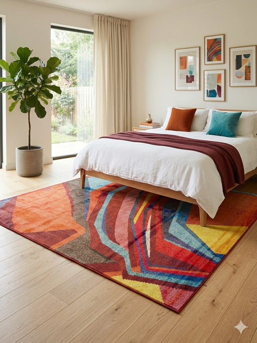 6' x 6' Square Multicolor Modern Abstract Geometric Area Rug styled in a bedroom with bright accent pillows and natural light.