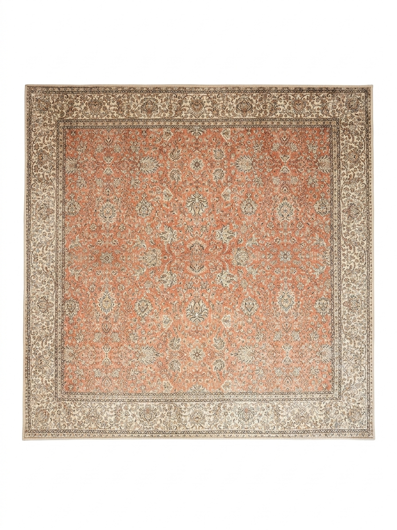 6' x 6' Square Peach & Ivory Floral Medallion Traditional Washable Area Rug displayed on a plain background.