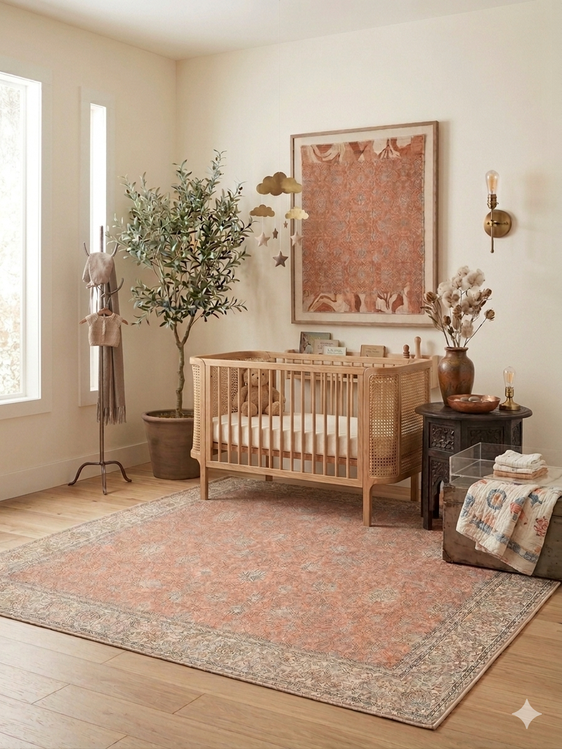 6' x 6' Square Peach & Ivory Floral Medallion Traditional Washable Area Rug styled in a cozy nursery beneath a wooden crib.