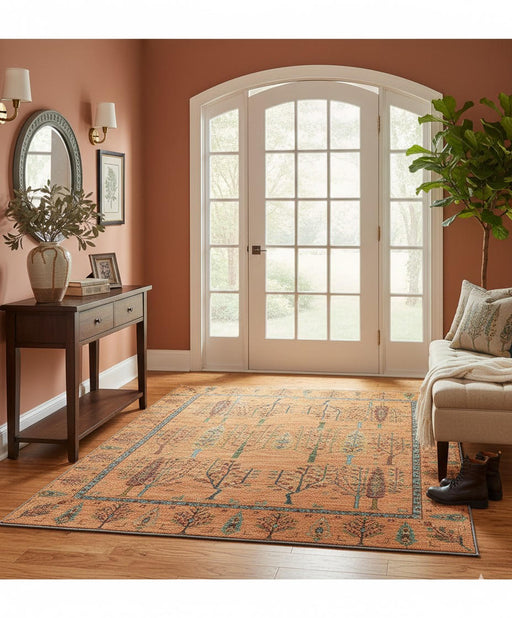6' x 6' Square Rust Orange Multi Color Tree of Life Botanical Motif Tribal Area Rug styled in an entryway featuring a warm rust orange background with detailed tree and botanical motifs.