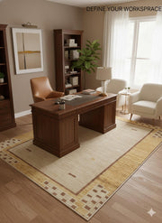 6' x 6' Square Warm Beige & Honey Gold Geometric Border Washable Area Rug placed in home office under wooden desk.