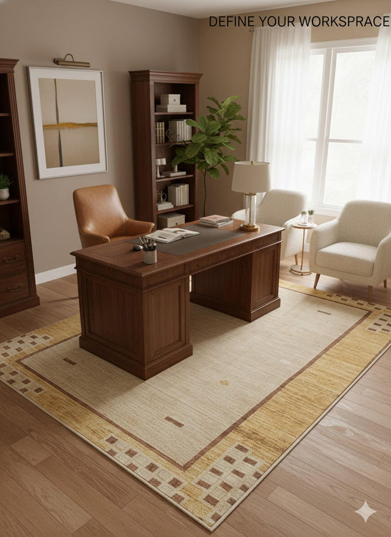 6' x 6' Square Warm Beige & Honey Gold Geometric Border Washable Area Rug placed in home office under wooden desk.