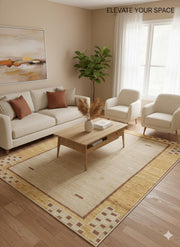 6' x 6' Square Warm Beige & Honey Gold Geometric Border Washable Area Rug styled in living room under coffee table seating area.