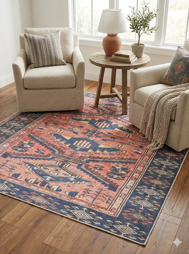 6' x 6' square Southwestern tribal washable area rug featuring navy blue and rust tones styled with armchairs and a side table in a bright sitting area.