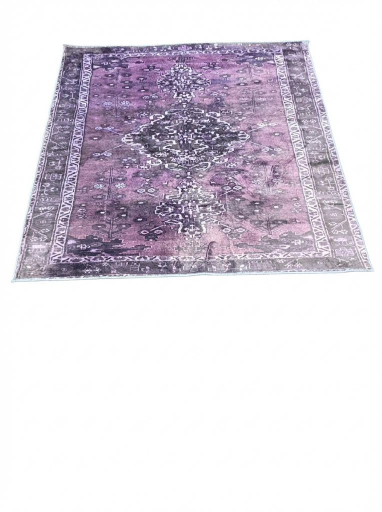 6' x 6' square area rug featuring a distressed traditional medallion design in shades of purple and charcoal with detailed border accents.