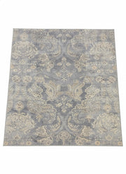 6' x 6' square area rug featuring a soft blue background with ivory and gray tonal damask transitional pattern.