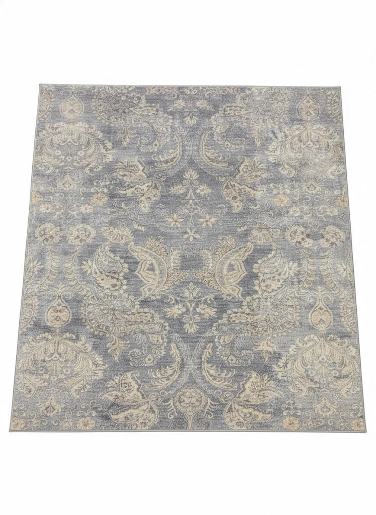 6' x 6' square area rug featuring a soft blue background with ivory and gray tonal damask transitional pattern.