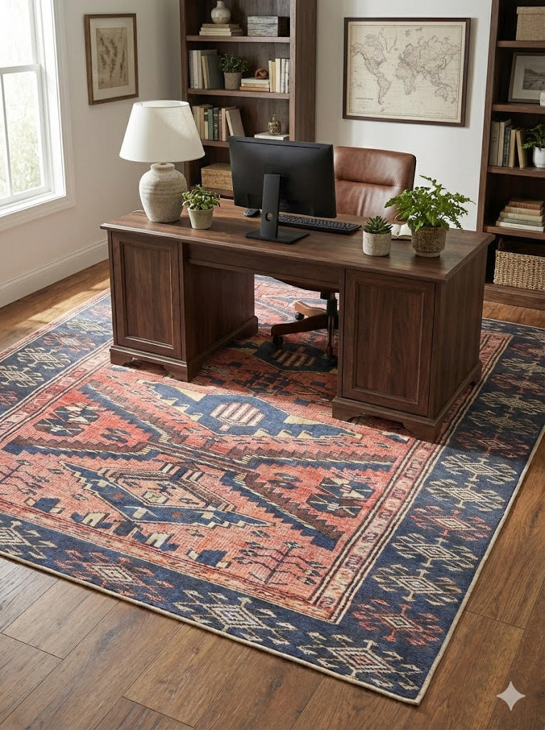 6' x 6' square blue and rust Southwestern tribal washable area rug styled under a wooden desk in a cozy home office with bookshelves and natural light.