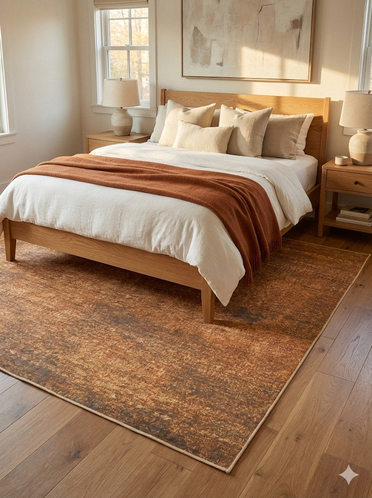 6' x 6' square brown & beige with subtle gray tones distressed modern washable area rug placed in bedroom under wooden bed.
