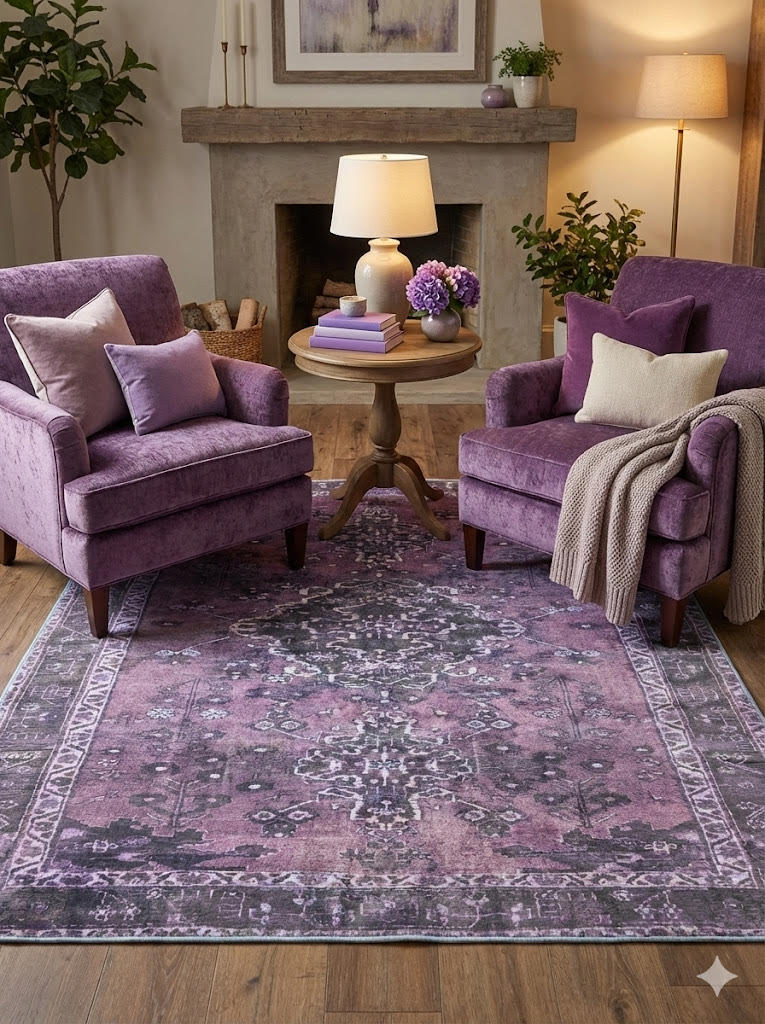 6' x 6' square purple and charcoal distressed medallion traditional area rug styled between two purple accent chairs in a cozy living room.