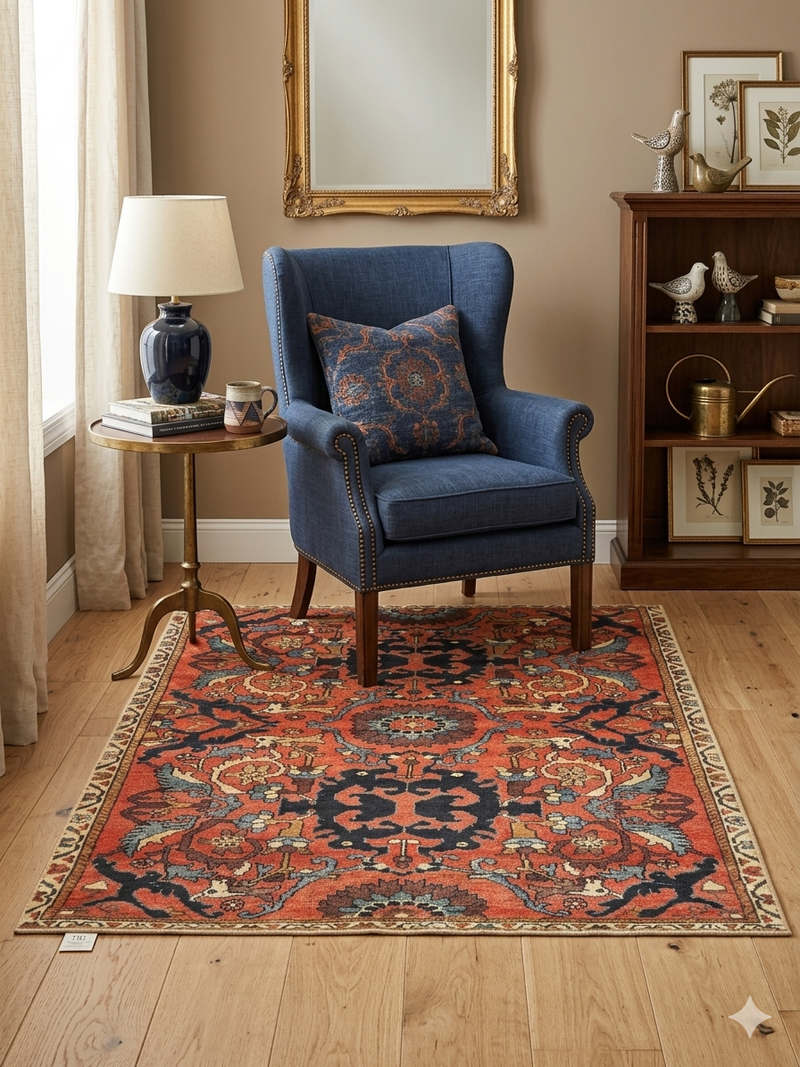 6' x 6' square rust orange & blue floral medallion traditional area rug placed in a cozy reading nook with a blue armchair, side table, and warm neutral decor.