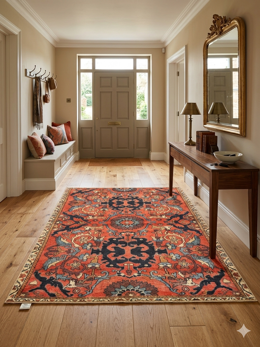 6' x 6' square rust orange & blue floral medallion traditional area rug placed in an entryway with a console table, wall mirror, and bench seating.
