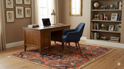 6' x 6' square rust orange & blue floral medallion traditional area rug styled in a home office with a wooden desk, upholstered chair, and built-in shelving.