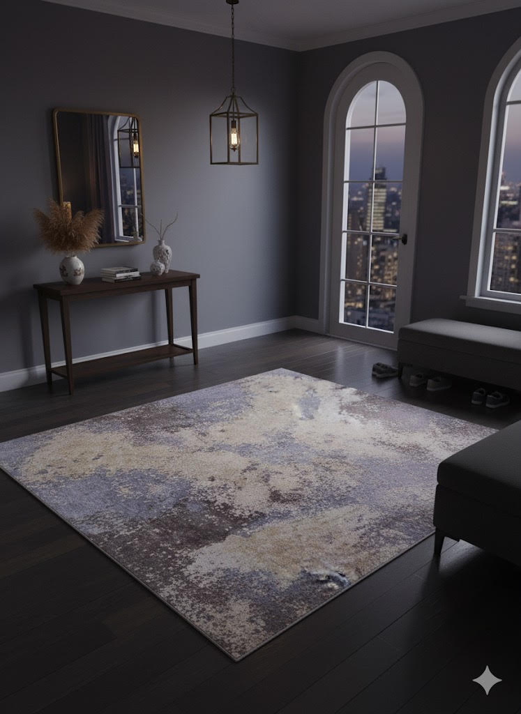 6' x 6' square soft blue-gray ivory abstract distressed modern area rug styled in a moody entryway with dark floors and city view.