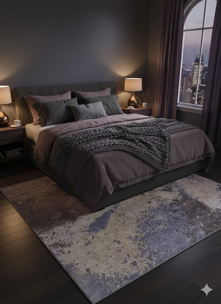 6' x 6' square soft blue-gray ivory abstract distressed modern area rug styled under a bed in a softly lit modern bedroom.