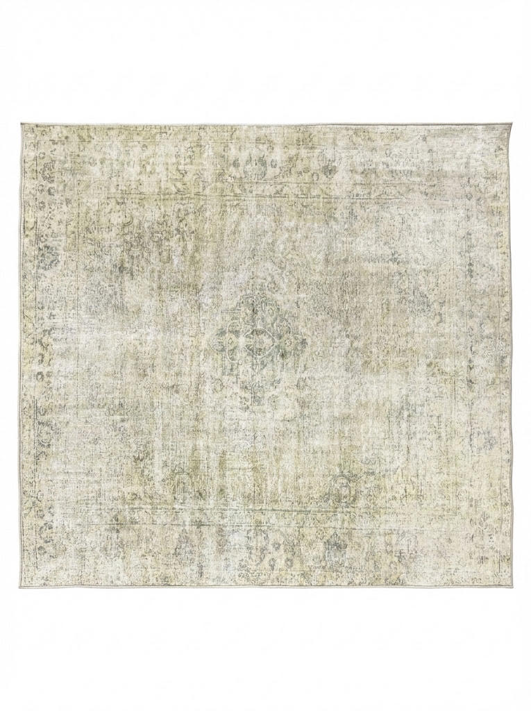 6' x 6' square soft sage and light cream area rug featuring a subtle distressed vintage-inspired pattern and soft tonal design.