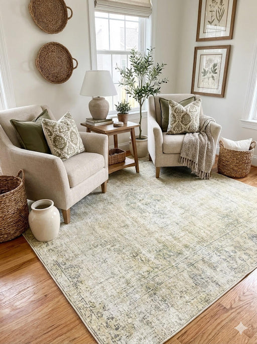 6' x 6' square soft sage and light cream distressed area rug styled in a cozy seating area with neutral armchairs and natural decor.
