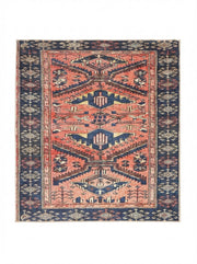 6' x 6' square washable area rug with a navy blue border and rust red Southwestern tribal geometric medallion pattern with cream accents.