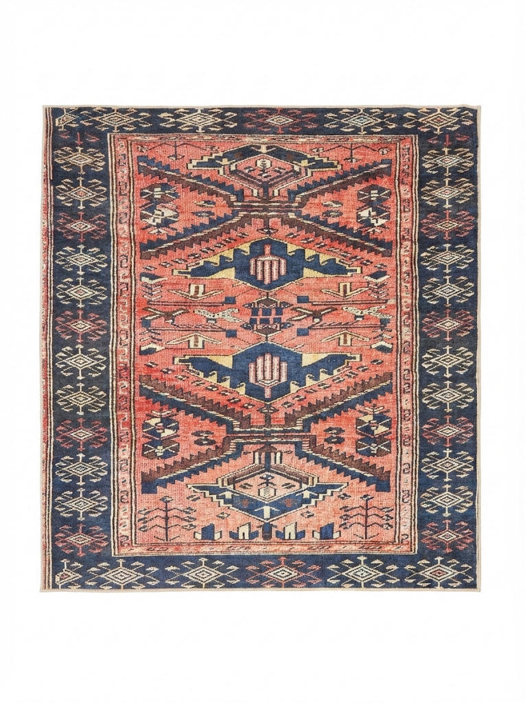 6' x 6' square washable area rug with a navy blue border and rust red Southwestern tribal geometric medallion pattern with cream accents.