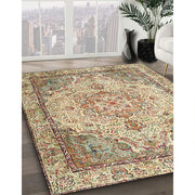 6' x 9' Brown Ivory Multi Color Traditional Persian Area Rug angled close-up emphasizing the rich color palette and detailed craftsmanship.