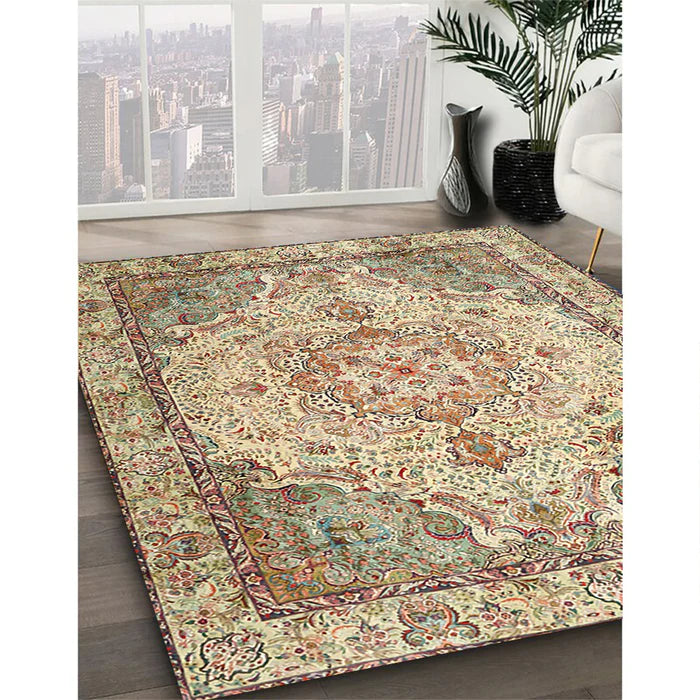 6' x 9' Brown Ivory Multi Color Traditional Persian Area Rug angled close-up emphasizing the rich color palette and detailed craftsmanship.