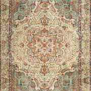 6' x 9' Brown Ivory Multi Color Traditional Persian Area Rug styled in a bedroom setting, highlighting the ornate Persian medallion and intricate floral detailing.